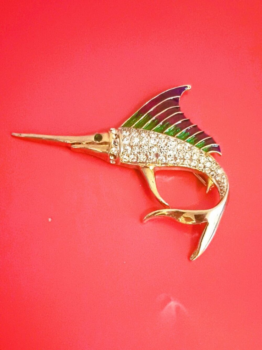 Swordfish Iridescent Enamel Pave Brooch Statement Vintage Sailfish Pin Jewelry
